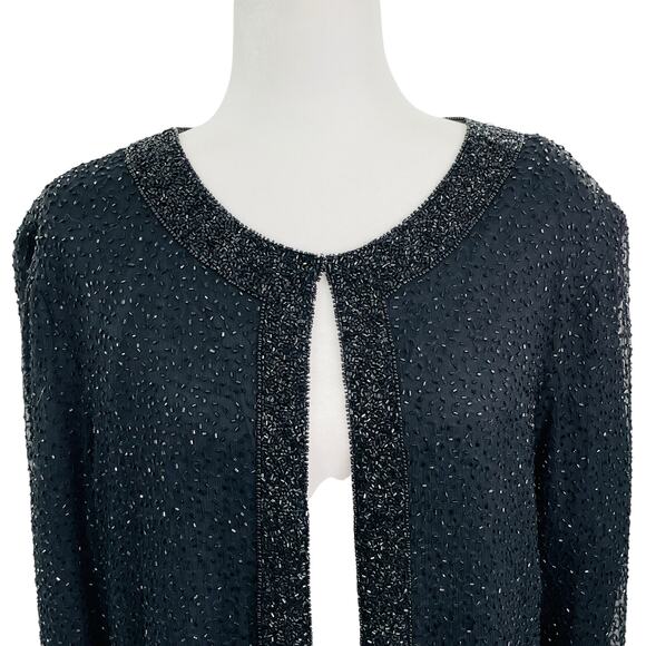 Vintage Black 100% Silk Beaded Collarless Long Sleeves Lined Jacket Size M/L - Picture 7 of 12